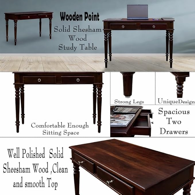 Image of BADHEE Solid Sheesham Wood Two Drawer Kharti Study Table | Students Reading & Writing Table | Laptop & Work from Home Table (Dark Walnut)
