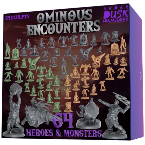 Image of D&D Miniatures Bulk Set, 64 Unpainted 28mm Monsters with 4 Huge Boss Minis | Color coded PVC creatures for tracking enemy groups, digital 5e stat blocks included, works with Pathfinder campaigns
