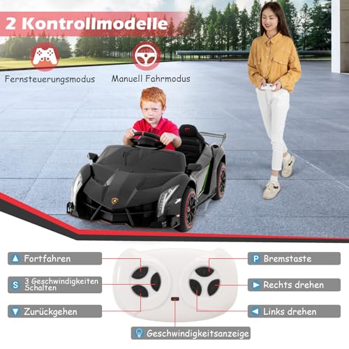 GOPLUS 12V Elektroauto Lamborghini mit 2,4G-Fernbedienung, Kinderfahrzeug mit helle LED-Leuchten, Hupe & hydraulischer Türen, Elektrofahrzeug mit Musik & MP3 für Kinder von 3-8 Jahre (Schwarz)