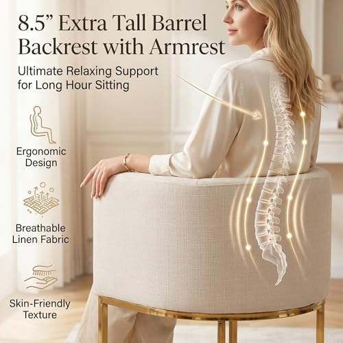 Image of HNY Modern Cream Counter Height Barrel Linen Fabric Upholstered Counter Stool, 29 Inch Kitchen Island Stool with Gold Metal Frame