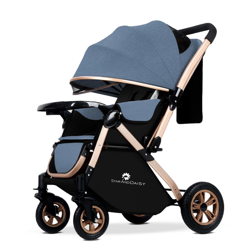 StarAndDaisy Baby Strollers / Pram For 0-3 Years Girl & Boy With Foldable Design, Food Tray, 4 Wheel Suspension, Adjustable Seat, 5 Point Safety Belt, Light Weight & Convenient (Blue)