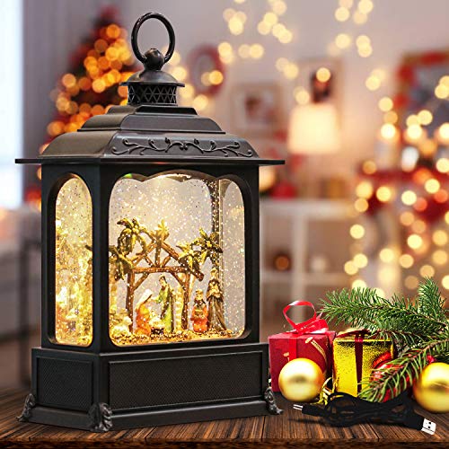 Wondise Christmas Musical Snow Globe Lantern with 6 Hour Timer 11.2 Inch USB Cord & Battery Operated Spinning Water Glitters Lighted Singing Snow Globe Lantern Christmas (Nativity)