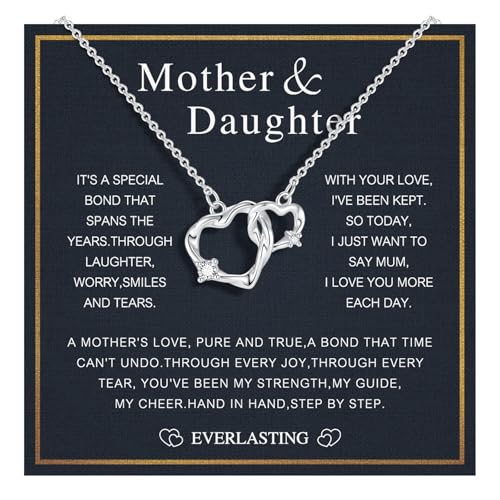 Juvux Double Heart Necklace for Women – 14K White Gold Plated Zircon Pendant, Dainty Two Heart Necklace, for Mom, Valentine's Gift for Wife, Jewelry Necklace for Mother (Mom Card)