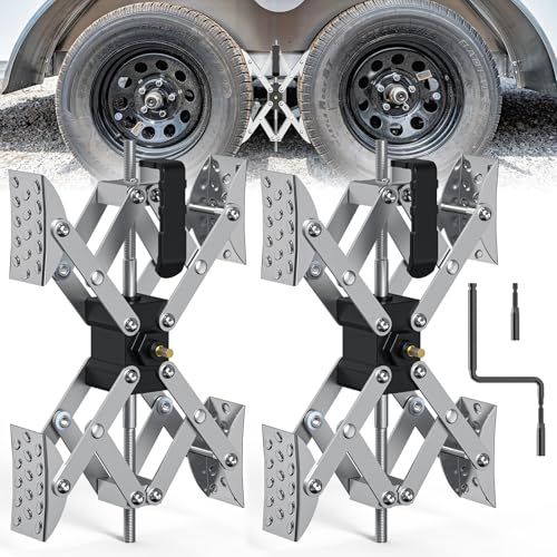 X-Shape Wheel Chocks Stabilizer for RV Travel Trailer Trucks(Allow Drill Adjust), 2 Pack Silver Dual Axel Camper Wheel Chock Stabilizer for Anti-Motion Tire with Portable Bag and Wrench