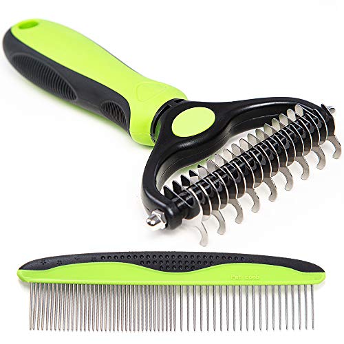 Rexipets Pet Dematting Grooming Set- 2 Sided Undercoat Rake + Grooming Comb For Dogs And Pets- Safe And Easy Mats…
