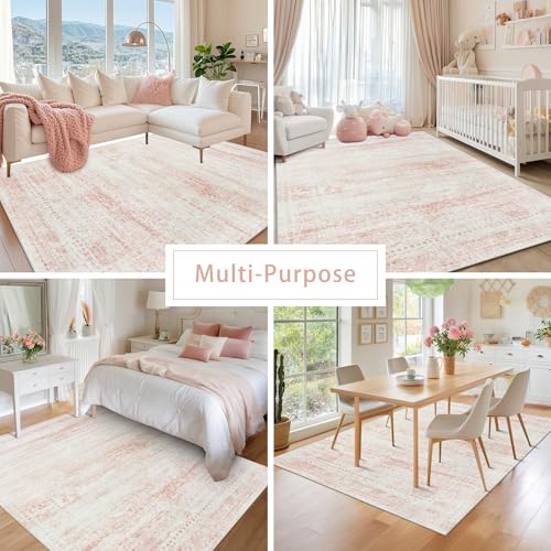Washable Rugs 8x10 Area Rugs for Living Room,Rugs for Bedroom,Large Carpets,Ultra Soft Faux Wool Retro Dining Room Rug,Non Slip&Non-Shedding Low Pile Vintage Print Rug for Home Office-Pink White