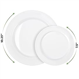SETUP 100-Piece White Plastic Dinnerware Set - 50 10.25 Dinner & 50 7.5 Salad Plates - Heavy-Duty Disposable for Weddings, Catering, Parties