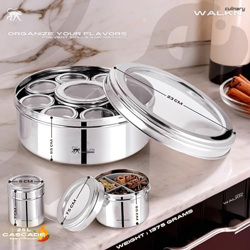 Image of WALKN 12 in 1 See Through Stainless Steel Masala box for Kitchen | Spice Box | Spice Organiser | Masala Daani | Masala Dabba with 9 Containers and Small Spoons | 2.5L