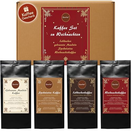 4 x Kaffee mit Geschmack zu Weihnachten Kaffee Geschenk Set - Weihnachtskaffee, Spekulatius, Lebkuchen, Gebrannte Mandeln - Röstkaffee aromatisiert- 4x75 g Probierset (300 g)