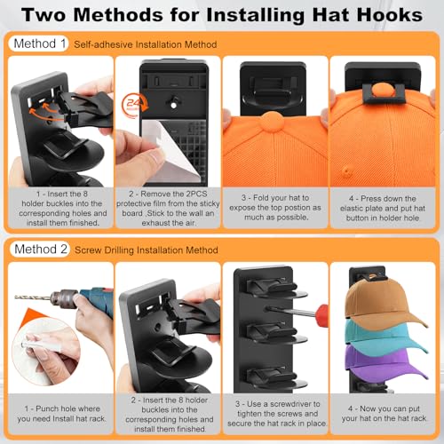 2 Stück Cap Halter für Baseballkappen, Cap Halterung zur Wandmontage mit starker Klebe und Schraubbefestigung, Ideal als Caps Halter für Kleiderschranktür und Schlafzimmer