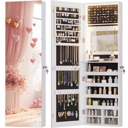 Vlsrka LED Armoire à bijoux avec Miroir, Mural/Porte Armoire à bijoux avec 3 Lumières, Miroir pleine longueur avec bijoux rangement Verrouillable, Armoire...