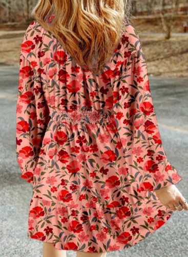 Image of Dokotoo Womens Dresses Boho Floral V Neck Long Sleeve Smocked Elastic Waist Casual A-Line Mini Dress Sundress
