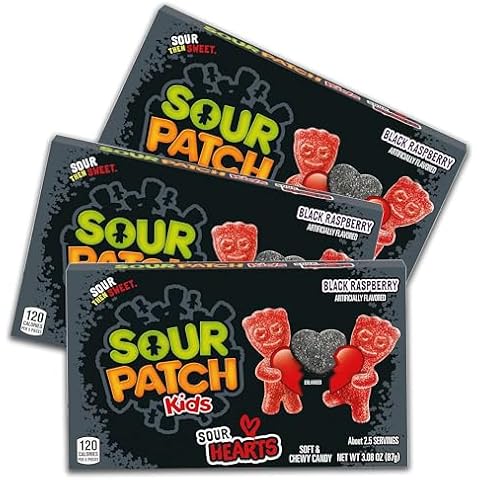 Sour Patch Kids Sour Hearts - Black Raspberry - Valentine's Day Sweet and Sour Candy - Theater Box - Pack of 3-3.08oz Boxes Cover