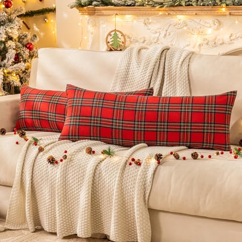 Image of AQOTHES Christmas Plaid Decorative Throw Pillow Covers Red 14x36 Inches