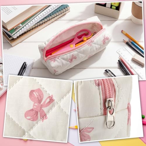 Image of Sherr Coquette Bow Pencil Case Pink Bow Cute Pencil Pouch Soft Cotton Storage Bag Aesthetic Pattern Gift Makeup Pouch Cosmetic Travel Bag for Women