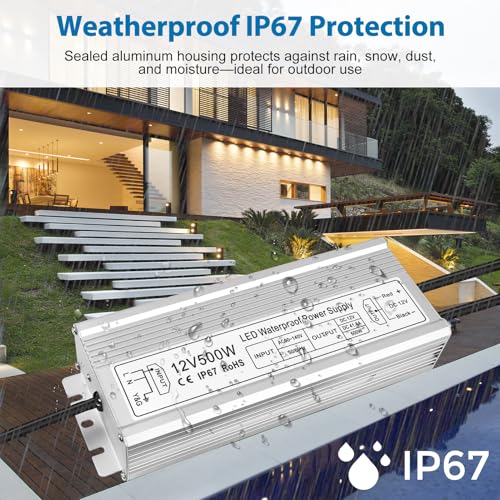 Image of 12V 500W LED Power Supply, IP67 Waterproof LED Driver, Low Voltage Transformer, AC 90-140V to DC 12V 41.6A Converter for Outdoor Landscape Lighting and LED Strip Lights, 3-Prong Plug with 3.3FT Cable