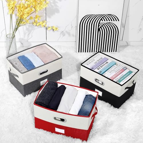 Image of Large Linen Fabric Foldable Storage Bins with Removable Lid and Handles, Washable Storage Box Organizer Containers Baskets Cube with Cover for Bedroom,Office(Black&Cream, Large(2-Pack))