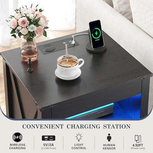 Image of FREDEES Gun Night Stand with LED Lights & Charging Station, Black | Human Sensor Lights, USB /Type-C /Wireless Charging Station, Smart Farmhouse Bedside Table