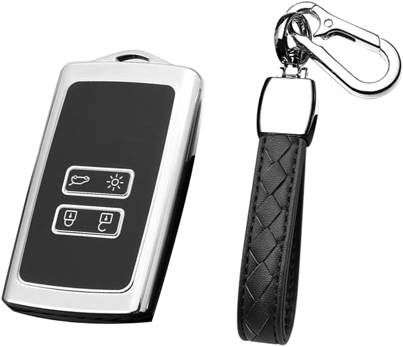 HIBEYO TPU Car Key Fob Cover with Keychain fits for Renault Koleos Kadjar Megane Talisman Captur Espace Clio Scenic Sandero Car Key Case Cover Jacket Smart Remote Car Key Holder Shell 4 Button Silver