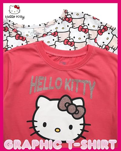 Image of Hello Kitty Girls Shirts - 2 Pack Cotton Blend Short Sleeve Tops - Crewneck Cute Graphic Girls Tee Shirt Pack