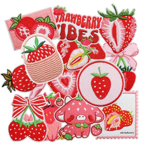 Nicime 16pcs Strawberry Iron/Sew on Patches Cute Pink Sweety Embroidered Applique Funny Decoration for Clothes Hat Bag Dress Shirt Jeans