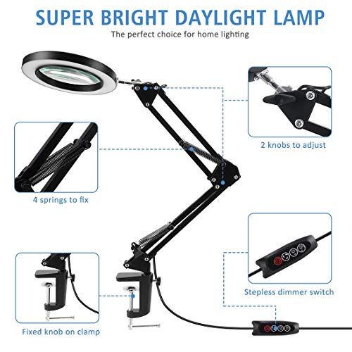 Lancosc A001 5X Magnifying Glass With Light And Stand, 3 Color Modes Stepless Dimmable, 8-Diopter Glass Lens, Adjustable Swivel Arm, Led Magnifier Desk Lamp thumb #4