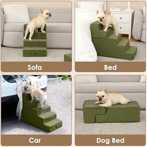 Image of EHEYCIGA Dog Stairs for Bed 18 inch H, 4-Step Dog Steps for High Bed, Pet Steps for Small Dogs and Cats, Non-Slip Balanced Pet Ramp Indoor, Olive Green