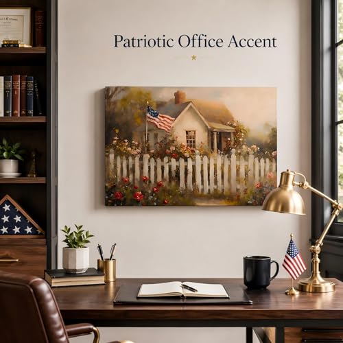 Image of RIBNTAK Made in USA Patriotic American Flag Farmhouse Canvas Wall Art, 4th of July Cottage Garden with Roses Painting Print, Independence Day Decor for Living Room, Bedroom & Kitchen, 8x12in