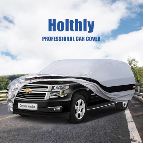 Image of Holhtly Car Cover Custom Fit for Chevrolet Suburban, Car Covers for Automobiles All Weather Waterproof Sun Snow Rain Wind Dust Protection, Outdoor Car Cover Gray & Black