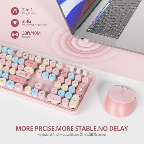 Image of Owpkeenthy Pink Keyboard and Mouse Wireless, Cute Colorful Typewriter Keyboard Full-Sized with Number Pad Round Keycaps for Desktop, Laptop and Computer(Coloful Pink)