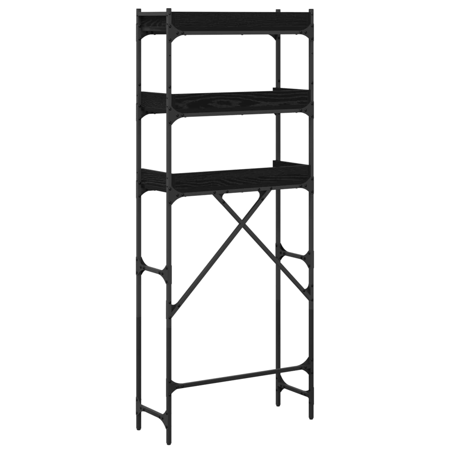 Regał na pralkę czarny z materiału drewnopochodnego z ramą stalową, 67 x 25 x 163 cm, 3 półki, do wnętrz, zajmuje mało miejsca, wytrzymały i stabilny, na akcesoria do pralek i suszarek