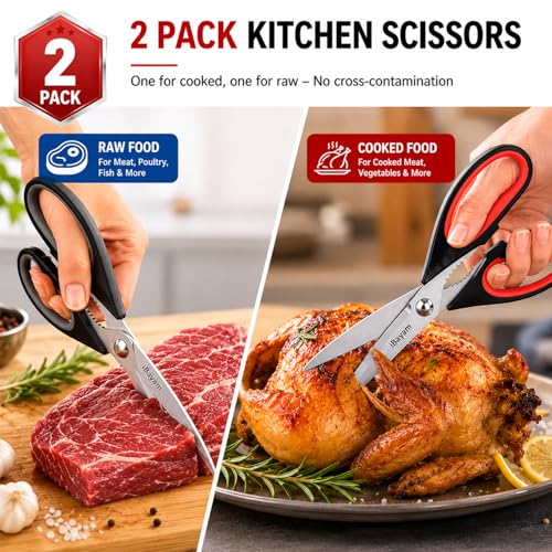 Image of iBayam Kitchen Scissors All Purpose Heavy Duty 2 Pack with Protective Sheath, Stainless Steel Shears Kitchen Utensils Set for Cutting Food Cooking Meat Poultry Dishwasher Safe Soft Comfort-Grip