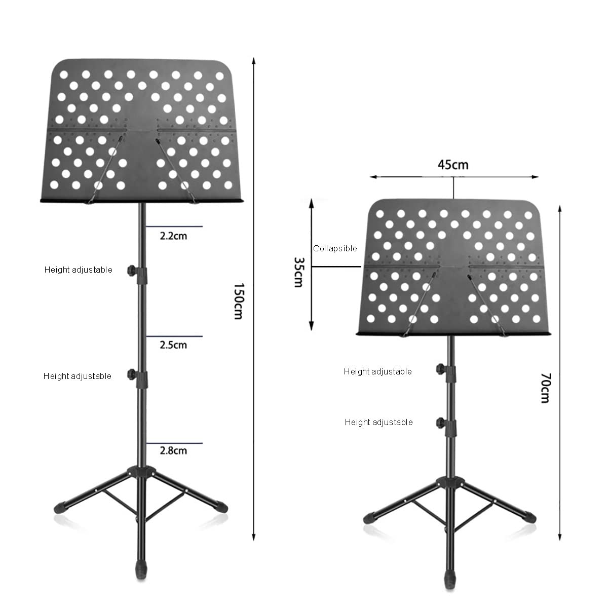 Leggio per Spartiti su Piattaforma, Leggio Portatile per Spartiti Musicali, Leggio in Metallo Regolabile E Pieghevole per Viaggi, Altezza Regolabile da 70 A 150 Cm, Un Le,