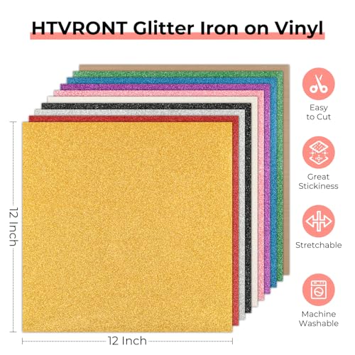 Image of HTVRONT Glitter HTV Heat Transfer Vinyl Bundle: 10 Pack 12 inchx12 inch Iron on Vinyl for T-Shirt (1 PTFE Sheet Included), PU HTV Easy to Cut & Weed for Heat Design