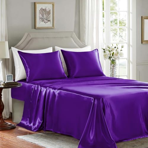 Parure de lit satin violet foncé 4 pièces drap housse matelas épais drap plat