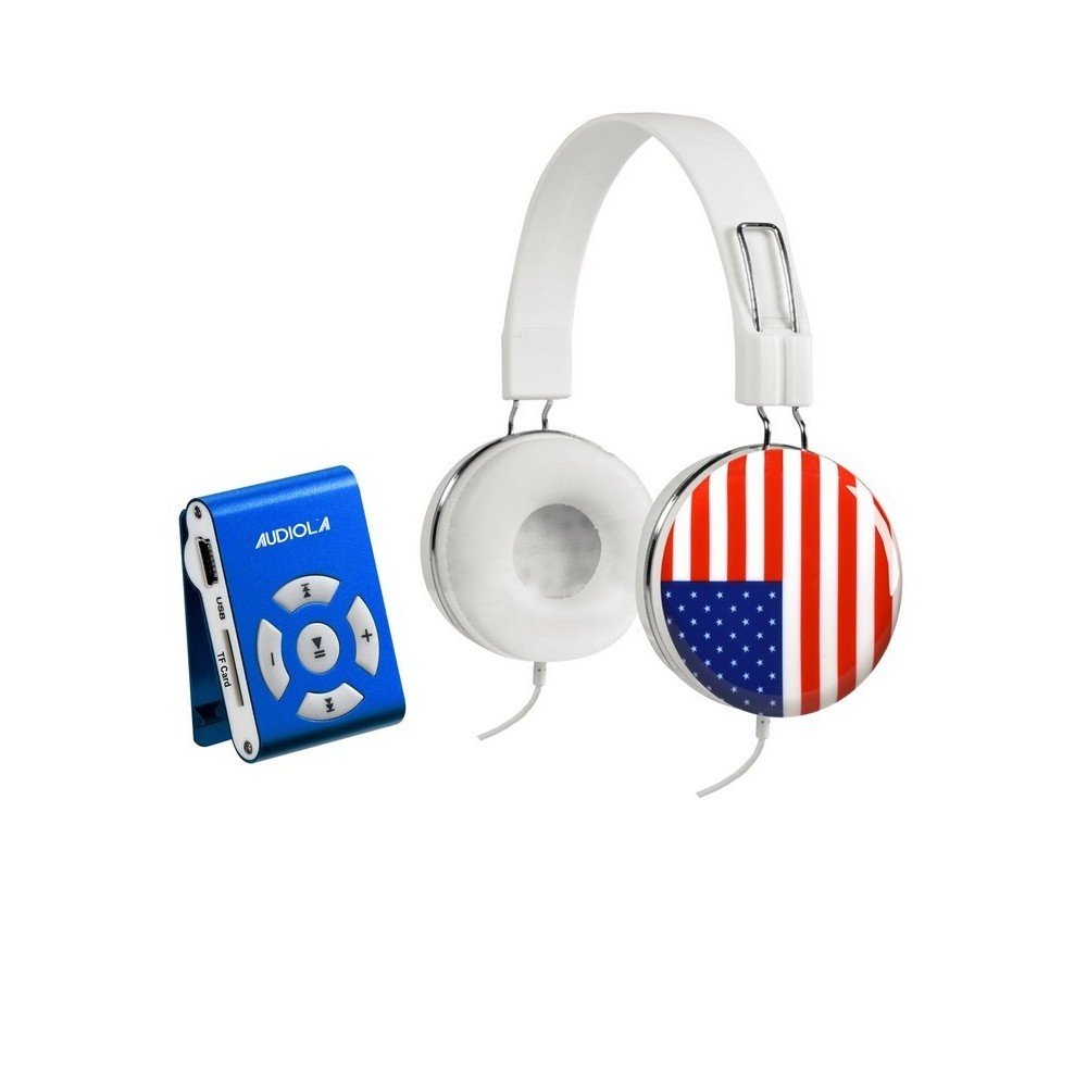 Audiola SDB 8811 CF - Lettore Mp3, Memoria 8G, aggancio a clip colore Blu + cuffie disegno bandiera USA con controllo volume sul cavo