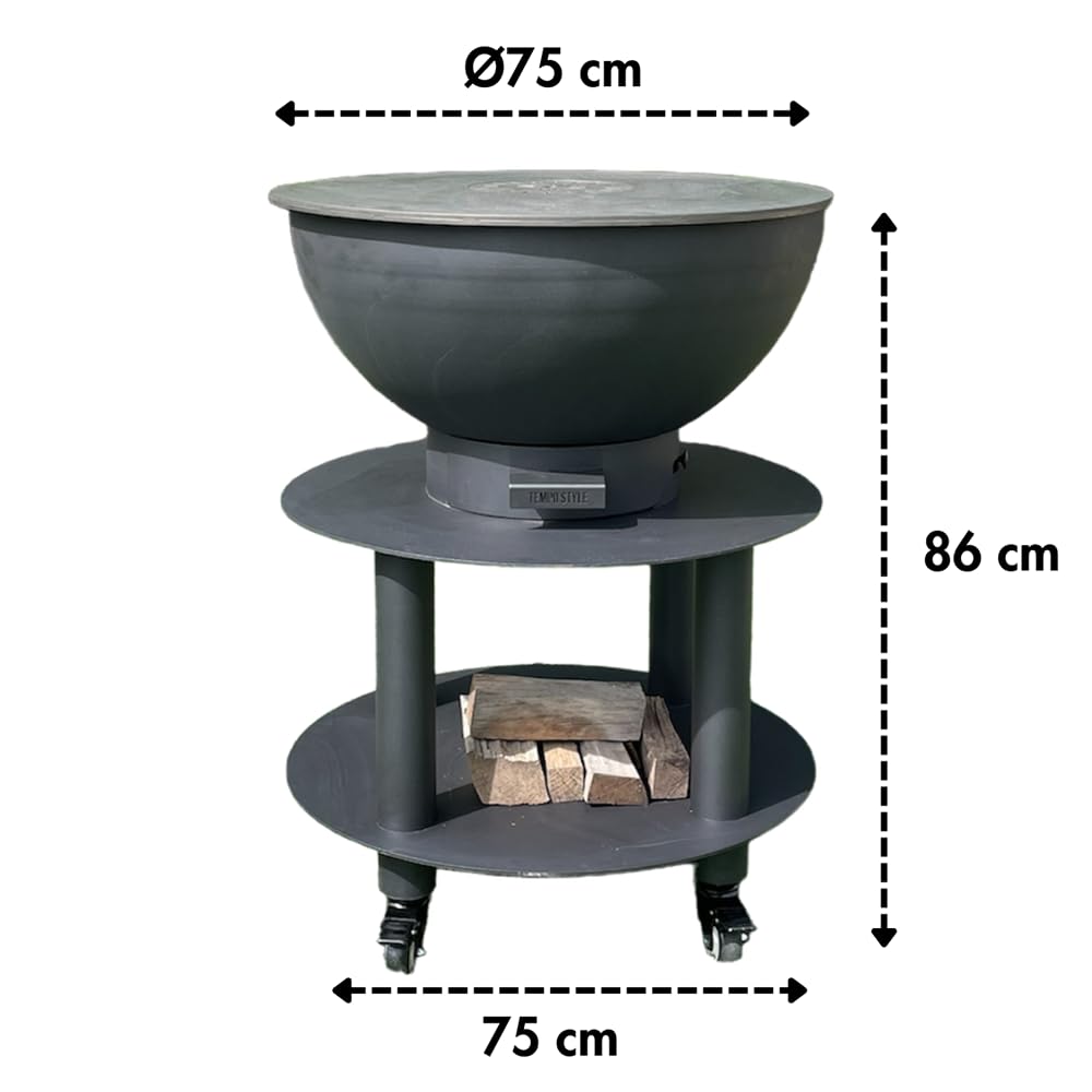 Grill na drewno i węgiel drzewny Stromboli | Okrągły grill ze stali Corten do użytku na zewnątrz i do ogrodu, z grillem do gotowania ze stali nierdzewnej 316 sp.1 cm, przenośny z kółkami