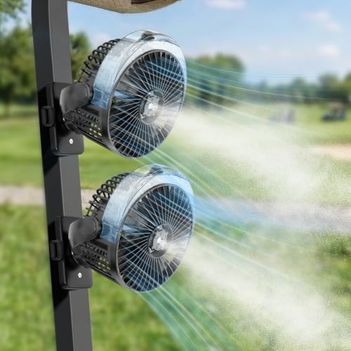 BOYISEN 2-Pack Golf Cart Fan with Mister 2x Magnets & Secure Strap 12000mAh Battery Operated Misting Fan with 4 Speeds LED Timer Ideal for EZGO Club Car Yamaha Golf Cart Cruise Ship Accessories