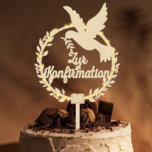 Giftota Cake Topper zur Konfirmation aus Holz mit LED Lichterkette - Tortendeko Konfirmation Deko für Junge Mädchen