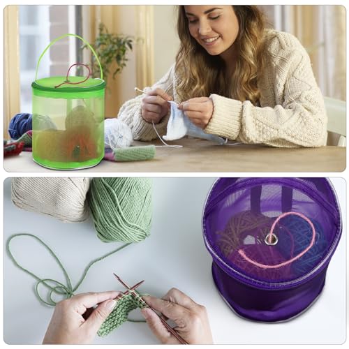 Image of VILLCASE Yarn Storage Bag 2 Pack Small Portable Knitting Organizer with Zipper and Yarn Holder Hole Mesh Bag for Crochet Tools and Knitting Supplies Ideal for Travel and Home