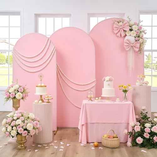 Image of Baby Pink Arch Backdrop Cover Set of 3 (7.2ft, 6.6ft, 6ft), Double-Sided Spandex Chiara Arch Frame Covers, Wrinkle-Free Fabric for Girl Baby Shower Princess Birthday Party (No Stand)