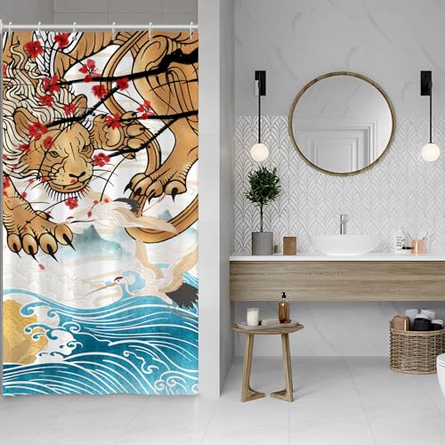 SDOTPMT 90x180cm Japonais Tigre Rideau de Douche Japonais océan Mont Fuji Rouge Soleil Sakura Grue...