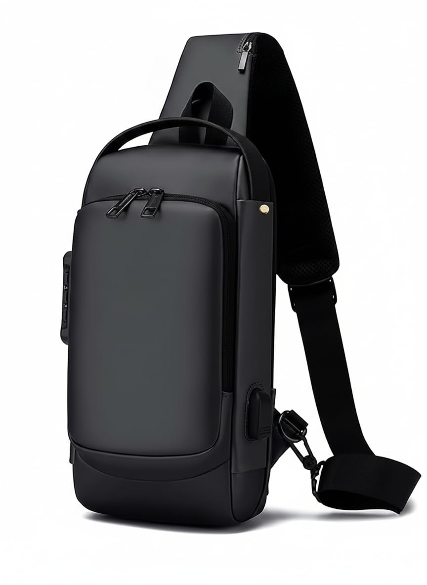 Anti-Theft Crossbody Chest Sling Bag for Men & Women | Travel Shoulder Bag with Password Lock | USB Charging Port| Water-Proof Lightweight Sling Bag for Office, Bike, Daily Use(Black)-picture-11