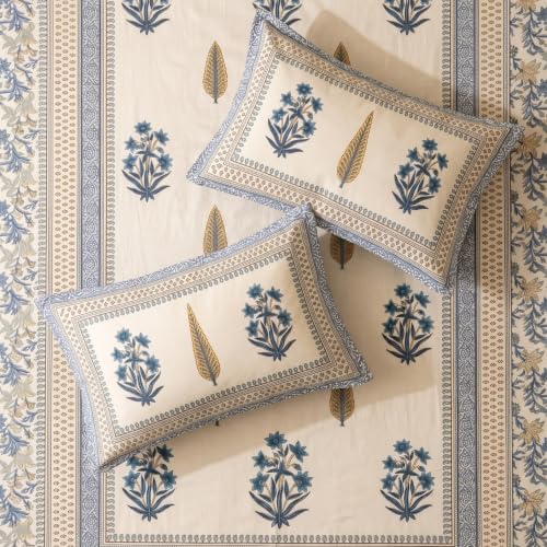 Image of Naksh Bedsheet for Double Bed King Size Blue Floral Block Print 2 Pillow Covers | Block-Print Inspired Design | Ornate Borders Heritage Craft in Bed Sheet Double Bed | Royal Sajawat Collection |