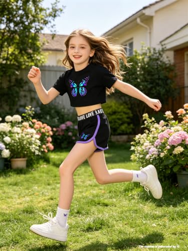 Image of Betusline Girls Summer 2 Piece Outfits,Kids Short Sleeve Crop Top & Shorts Set with Side Pockets