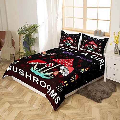 Mushrooms Bedding Set for Kids Boys Girls Galaxy Mushroom Comforter Cover Set Universe Botanical Plants Duvet Cover Bedroom Red Black Bedspread Cover Double Size 3Pcs - Image 2