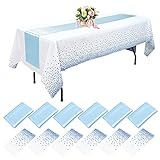 6 Pack Satin Table Runner Blue 12x108 Inch and 6 Disposable Plastic Tablecloths Waterproof Table Cover 54 x 108 Inch Rectangle Table Cloths for Party Decoration Thanksgiving Wedding Anniversary
