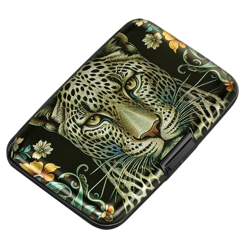 Image of ELFISH Mini RFID Aluminum Wallet Credit Cards Holder Business Card Case Metal ID Case for Men Women, Black Leopard
