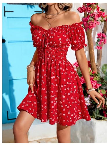 Milumia Women's Floral Off Shoulder Puff Sleeve Short Dress Boho Frill Trim A Line Mini Dresses2