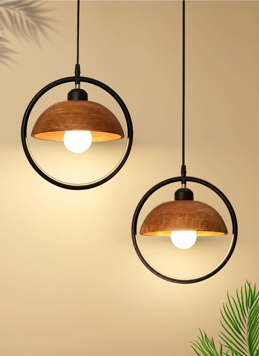 Orbit Dome Wooden Pendant Light (Pack of 2) – Handcrafted Solid Wood Hanging Lamp with Walnut Finish, Adjustable Cord, | Pendant Lamp for Bedroom, Living Room & Hall-image-8